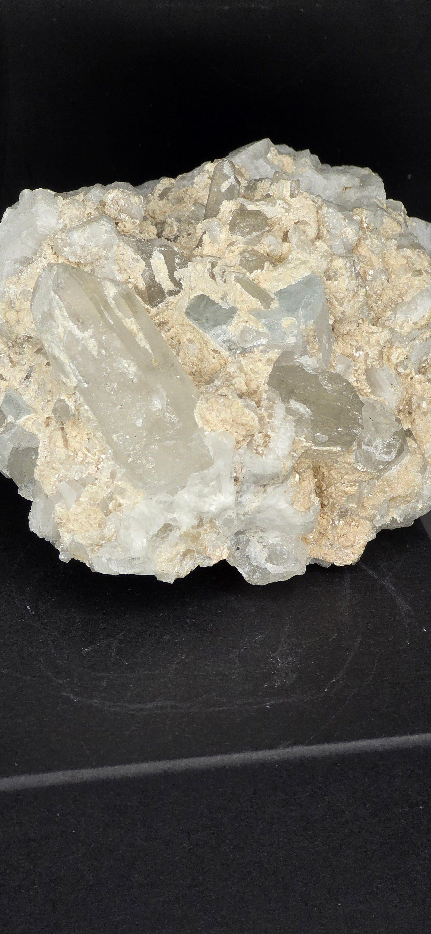 Erongo Region Namibian Aquamarine Matrix w/ Beautiful Micha, Quartz, Stunning UV/PL Calcite Coating, and Fluorite.As the primary crystals