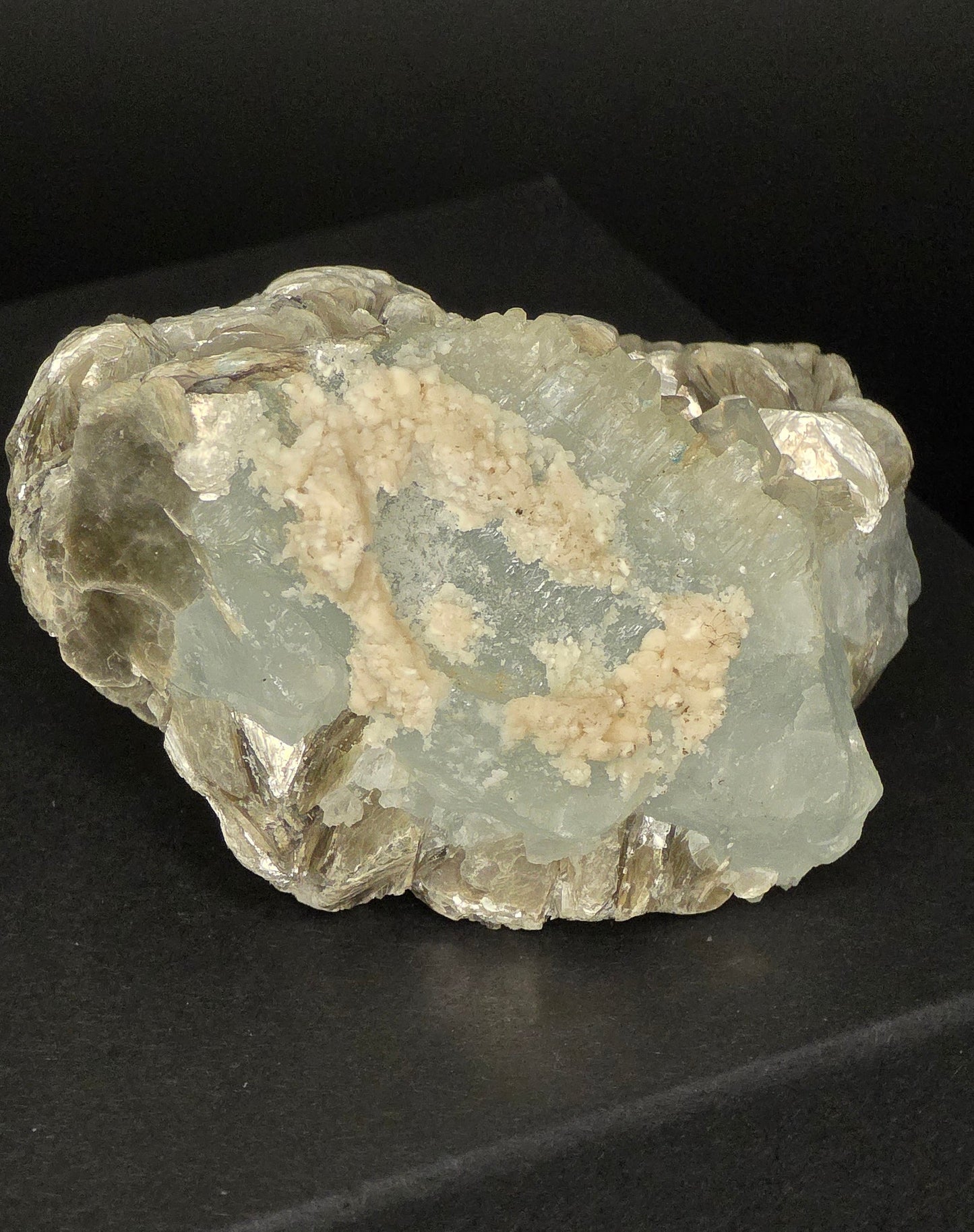 Erongo Region Namibian Aquamarine Matrix w/ Beautiful Micha, Quartz, Stunning UV/PL Calcite Coating, and Fluorite.As the primary crystals