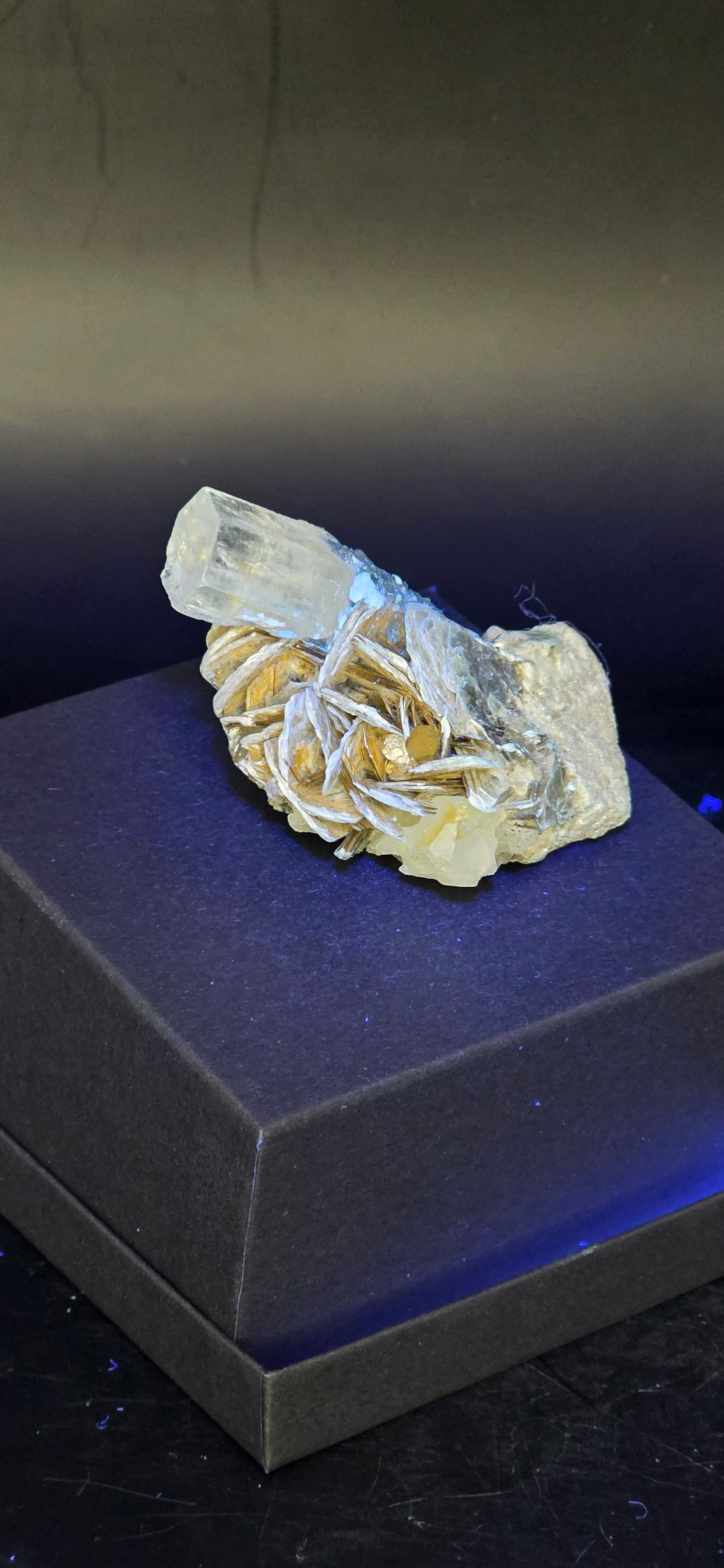 Erongo Region Namibian Aquamarine Matrix w/ Beautiful Micha, Quartz, Stunning UV/PL Calcite Coating, and Fluorite.As the primary crystals