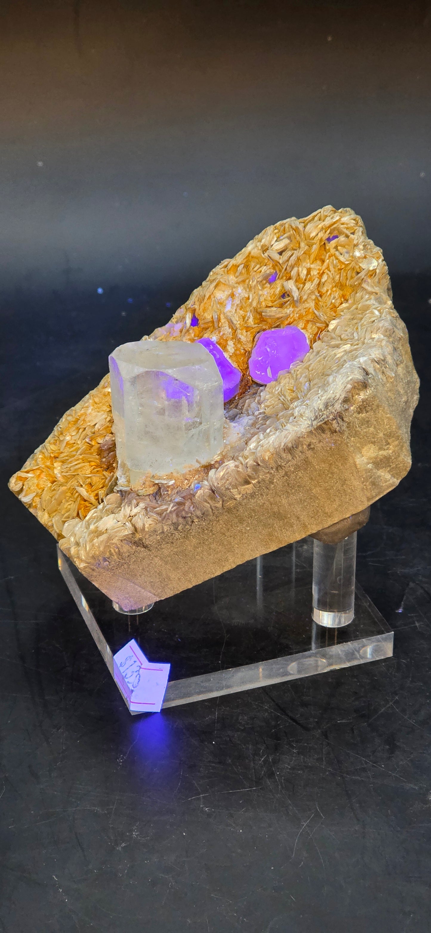 Erongo Region Namibian Aquamarine Matrix w/ Beautiful Micha, Quartz, Stunning UV/PL Calcite Coating, and Fluorite.As the primary crystals