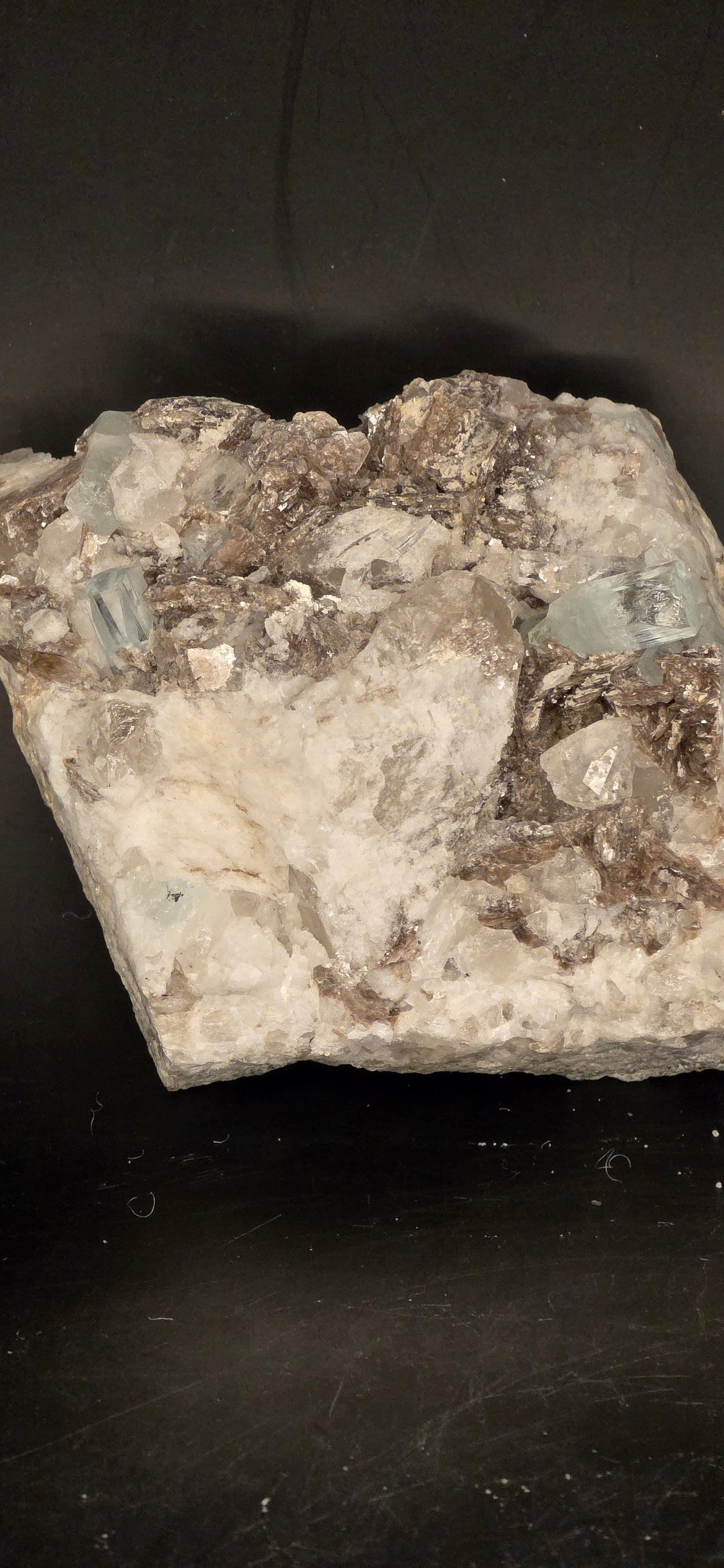 Erongo Region Namibian Aquamarine Matrix w/ Beautiful Micha, Quartz, Stunning UV/PL Calcite Coating, and Fluorite.As the primary crystals