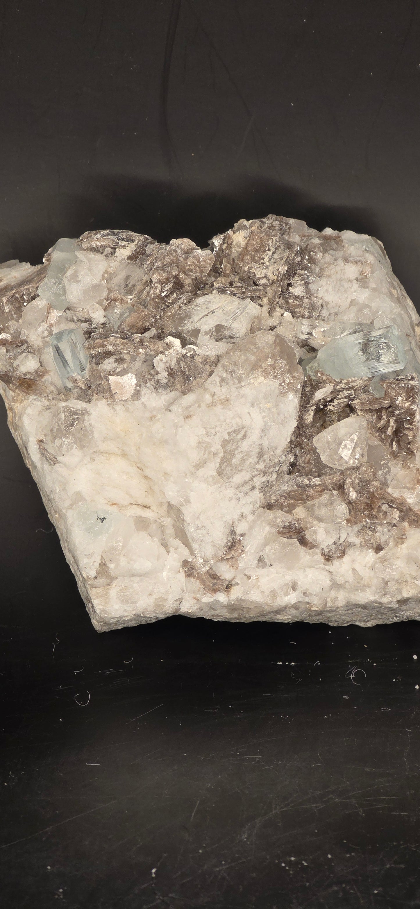 Erongo Region Namibian Aquamarine Matrix w/ Beautiful Micha, Quartz, Stunning UV/PL Calcite Coating, and Fluorite.As the primary crystals